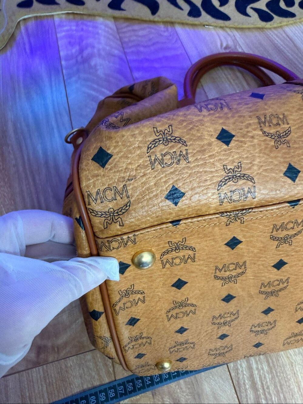 Mcm Viseto Cognac Leather Weekender Round Duffle Bag w/ handle coupler wrap 55cm - Picture 14 of 15